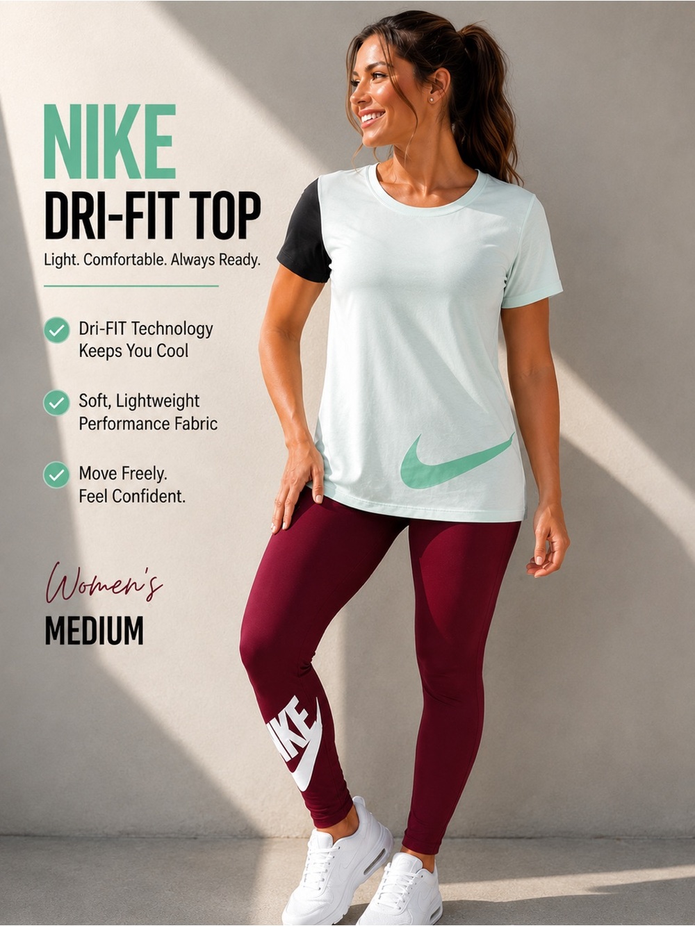 Nike Women's Maroon Leggings with White Logo with shirt outfit